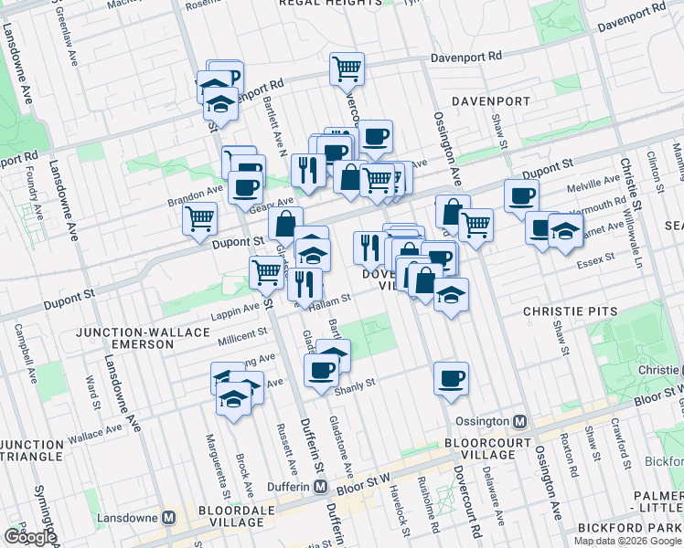 map of restaurants, bars, coffee shops, grocery stores, and more near 266 Salem Avenue in Toronto
