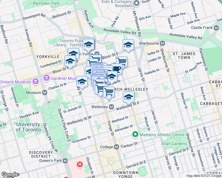 map of restaurants, bars, coffee shops, grocery stores, and more near 30 Gloucester Street in Toronto