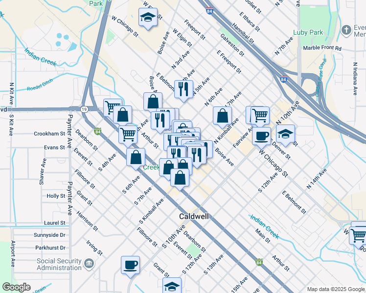 map of restaurants, bars, coffee shops, grocery stores, and more near 613 Main Street in Caldwell