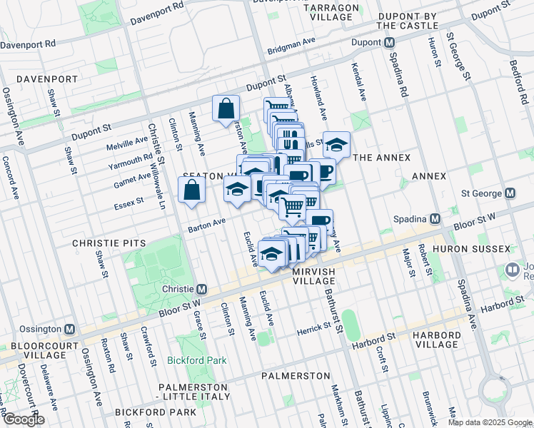 map of restaurants, bars, coffee shops, grocery stores, and more near 715 Palmerston Avenue in Toronto