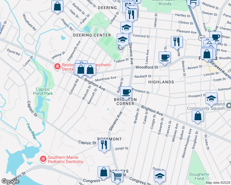 map of restaurants, bars, coffee shops, grocery stores, and more near 39 Runnells Street in Portland