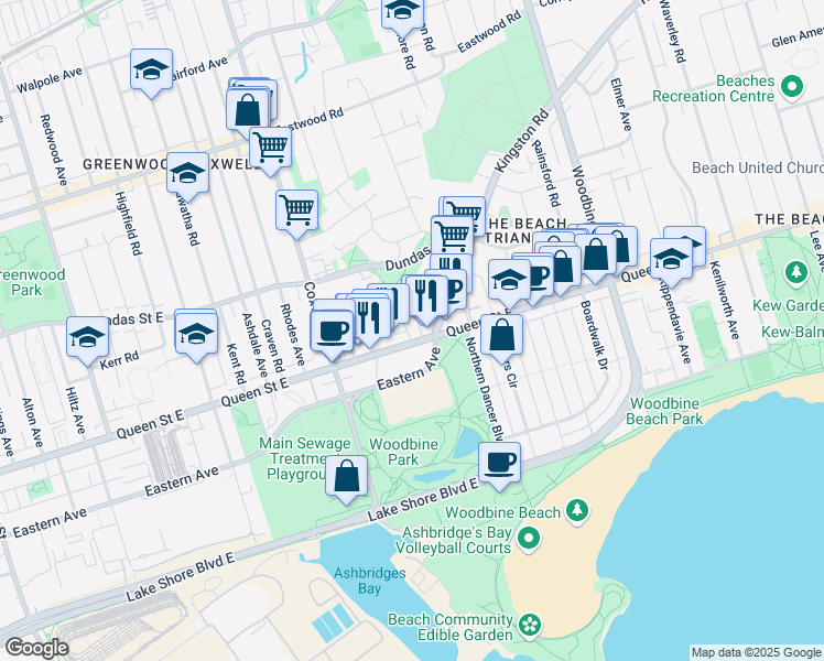 map of restaurants, bars, coffee shops, grocery stores, and more near 1684 Queen Street East in Toronto