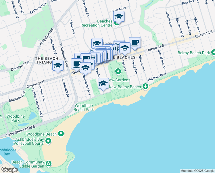 map of restaurants, bars, coffee shops, grocery stores, and more near 38 Waverley Road in Toronto