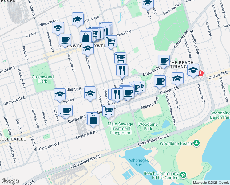 map of restaurants, bars, coffee shops, grocery stores, and more near in Toronto