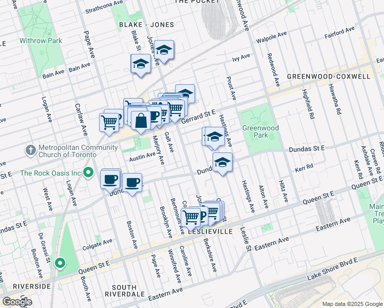 map of restaurants, bars, coffee shops, grocery stores, and more near 175 Jones Avenue in Toronto