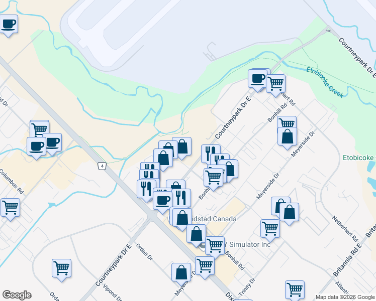 map of restaurants, bars, coffee shops, grocery stores, and more near 1679 Courtneypark Drive East in Mississauga