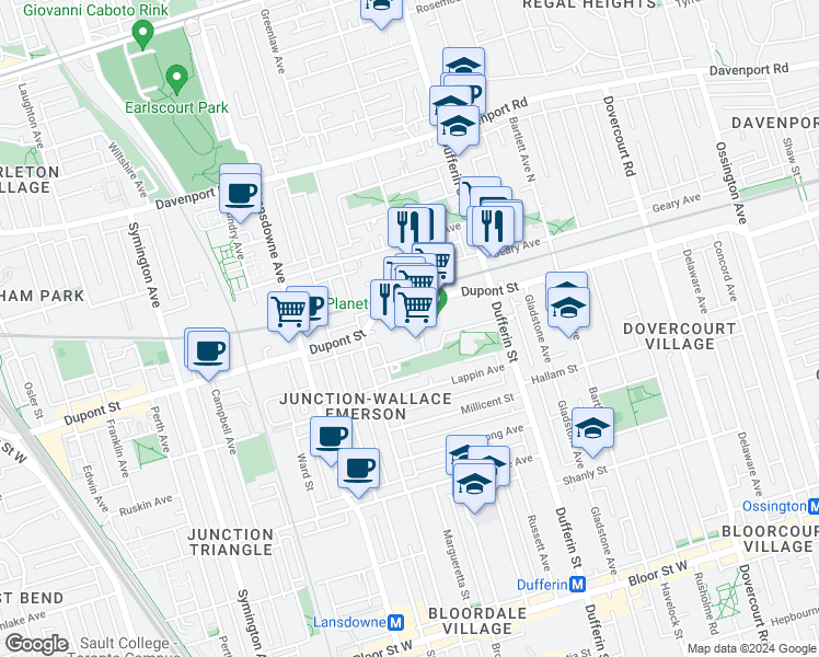 map of restaurants, bars, coffee shops, grocery stores, and more near in Toronto