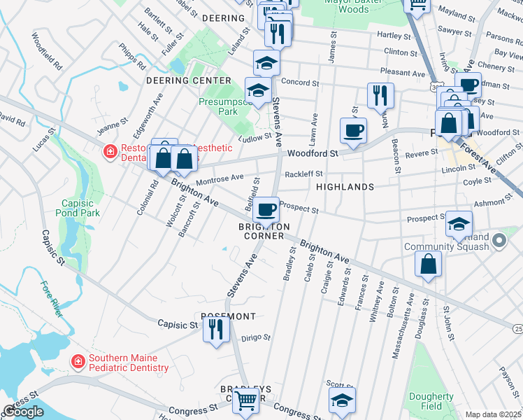 map of restaurants, bars, coffee shops, grocery stores, and more near 29 Belfield Street in Portland