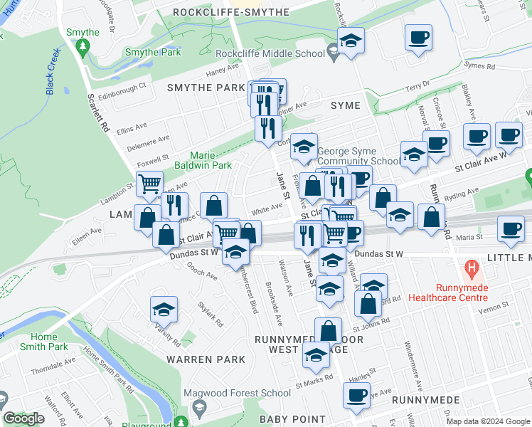 map of restaurants, bars, coffee shops, grocery stores, and more near 23 White Avenue in Toronto