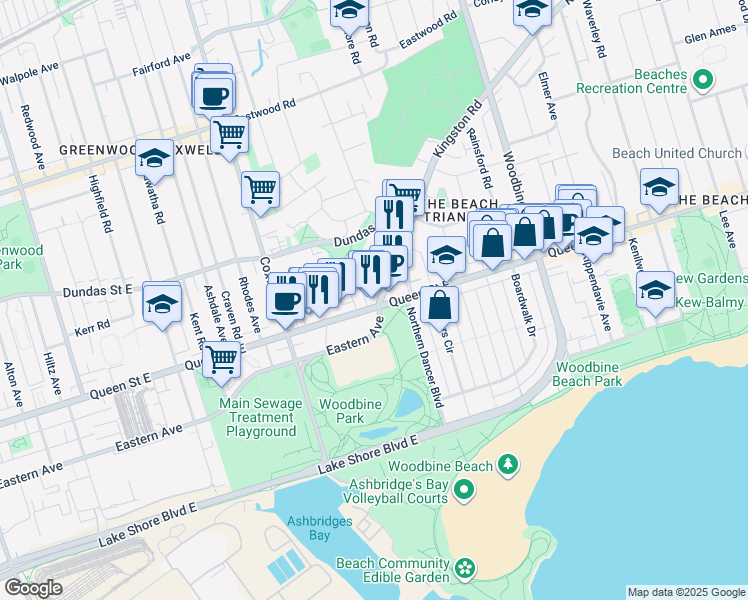 map of restaurants, bars, coffee shops, grocery stores, and more near 1702 A Queen Street East in Toronto