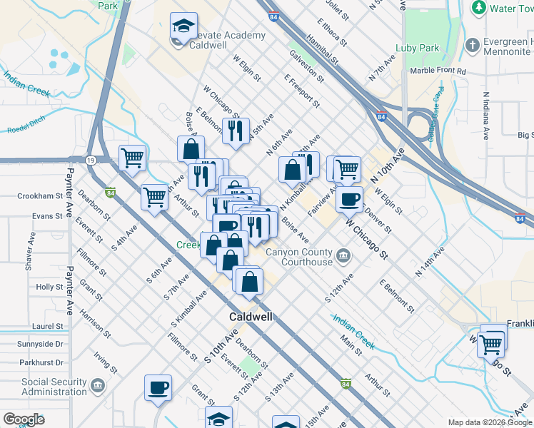 map of restaurants, bars, coffee shops, grocery stores, and more near 712 Albany Street in Caldwell