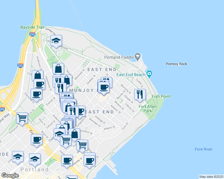 map of restaurants, bars, coffee shops, grocery stores, and more near in Portland