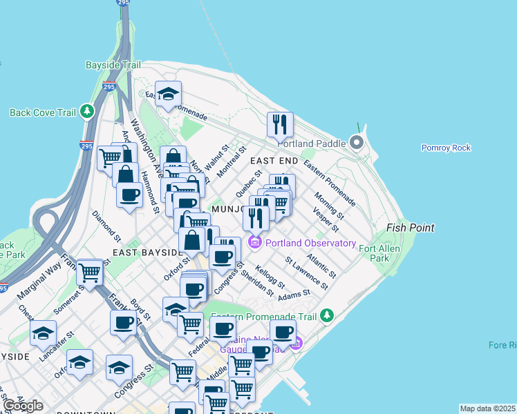map of restaurants, bars, coffee shops, grocery stores, and more near 41 Merrill Street in Portland