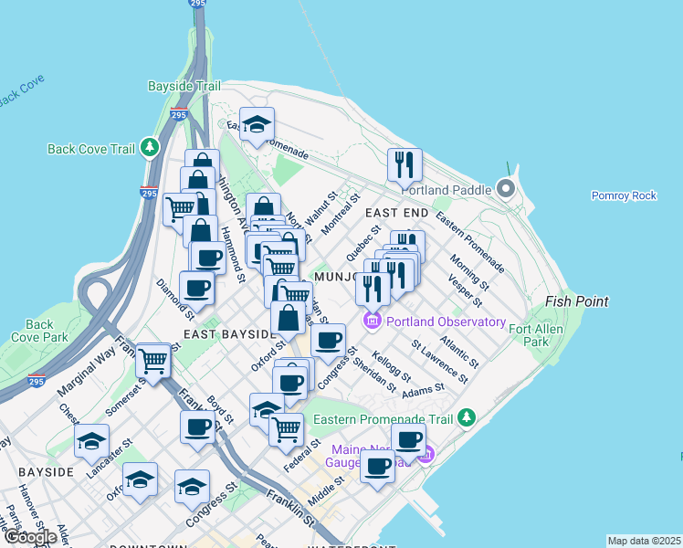 map of restaurants, bars, coffee shops, grocery stores, and more near in Portland