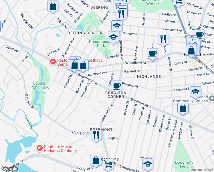 map of restaurants, bars, coffee shops, grocery stores, and more near 39 Runnells Street in Portland