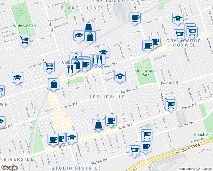 map of restaurants, bars, coffee shops, grocery stores, and more near 201 Jones Avenue in Toronto