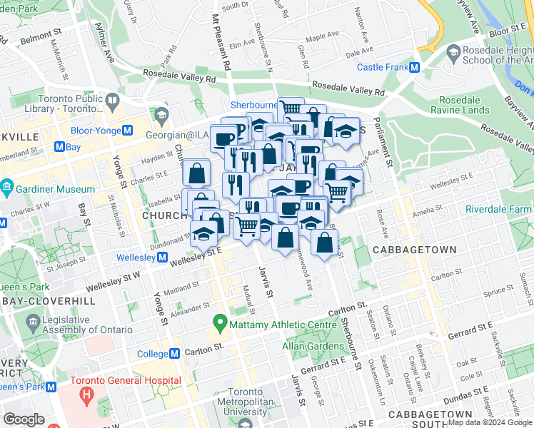 map of restaurants, bars, coffee shops, grocery stores, and more near 18 Earl Street in Toronto