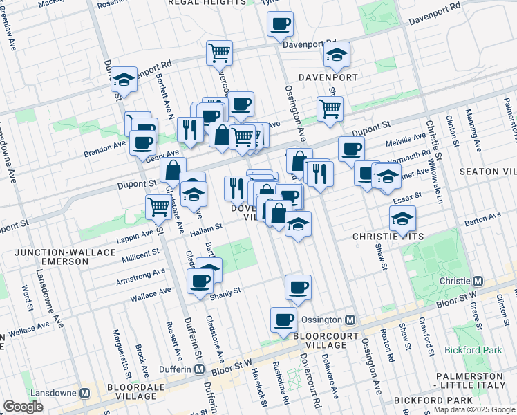 map of restaurants, bars, coffee shops, grocery stores, and more near in Toronto