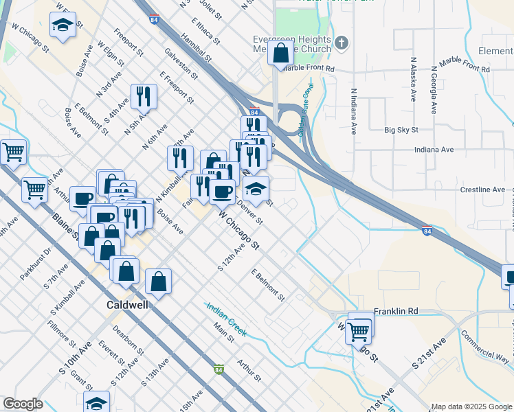 map of restaurants, bars, coffee shops, grocery stores, and more near 516 North 11th Avenue in Caldwell