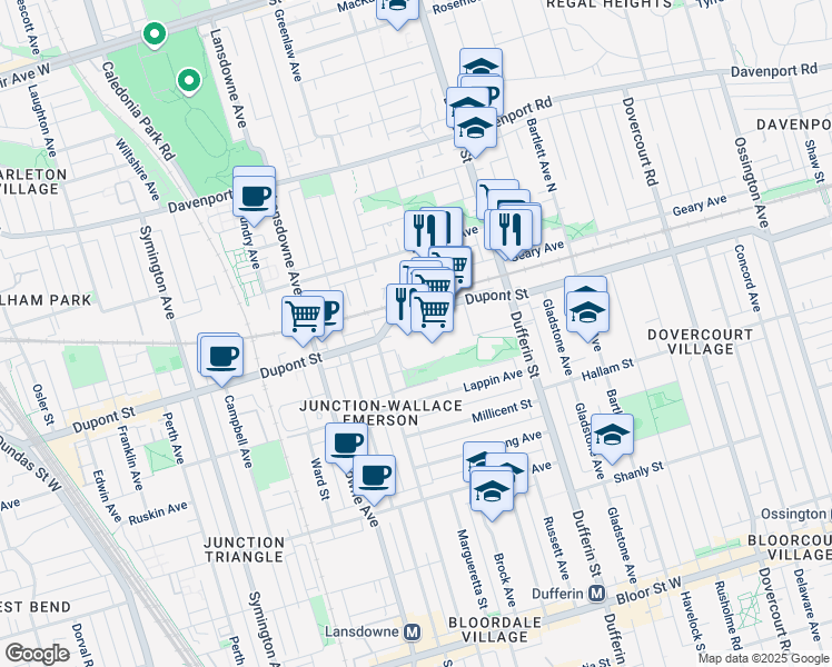 map of restaurants, bars, coffee shops, grocery stores, and more near Dupont Street in Toronto