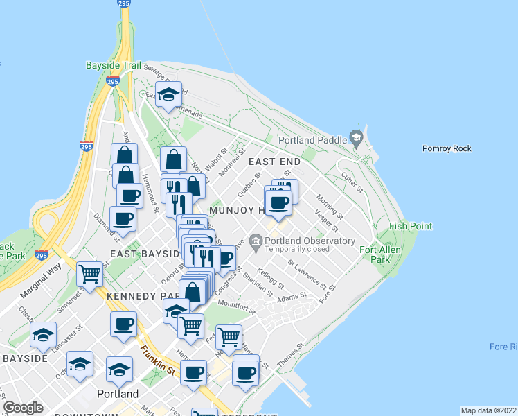 map of restaurants, bars, coffee shops, grocery stores, and more near 41 Merrill Street in Portland