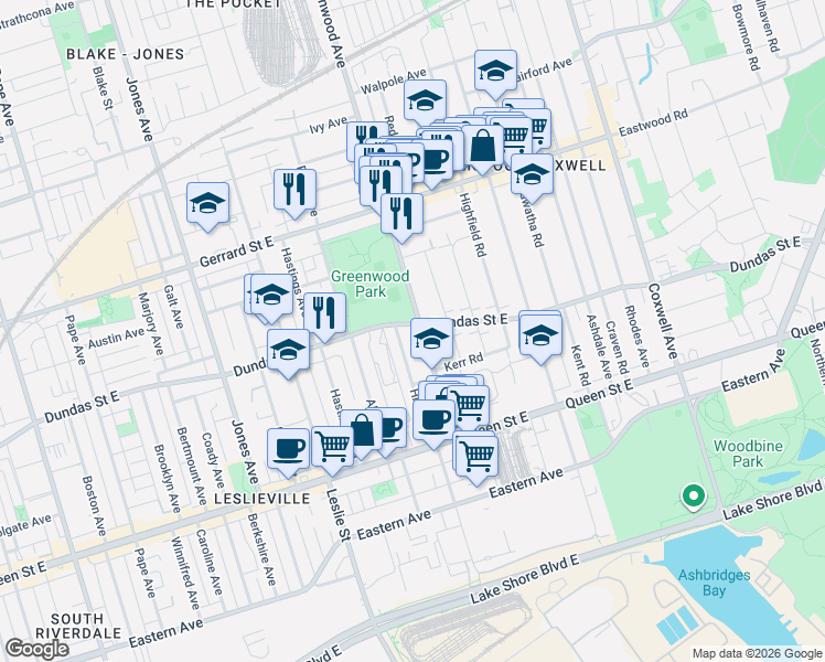 map of restaurants, bars, coffee shops, grocery stores, and more near in Toronto