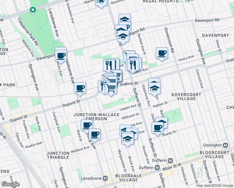 map of restaurants, bars, coffee shops, grocery stores, and more near 1245 Dupont Street in Toronto