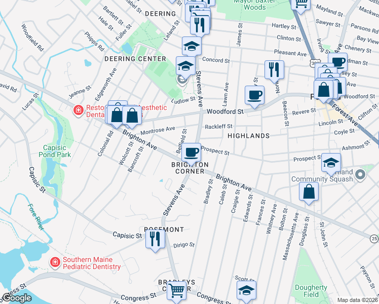 map of restaurants, bars, coffee shops, grocery stores, and more near 256 Stevens Avenue in Portland
