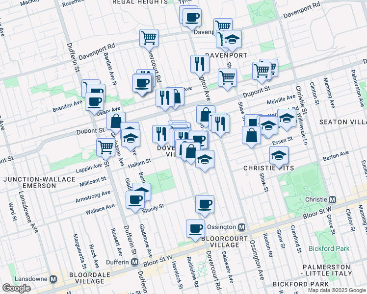map of restaurants, bars, coffee shops, grocery stores, and more near 134 Hallam Street in Toronto