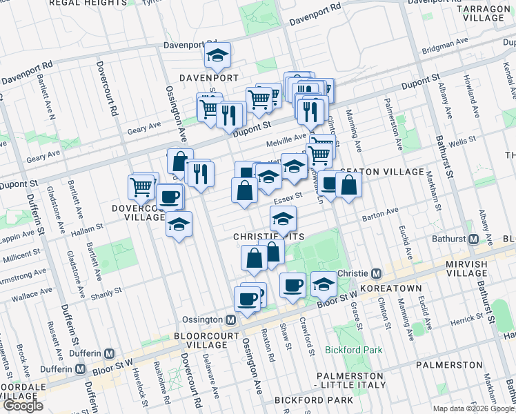 map of restaurants, bars, coffee shops, grocery stores, and more near Essex Street in Toronto