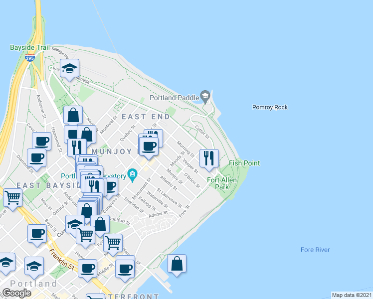 map of restaurants, bars, coffee shops, grocery stores, and more near Morning Street in Portland