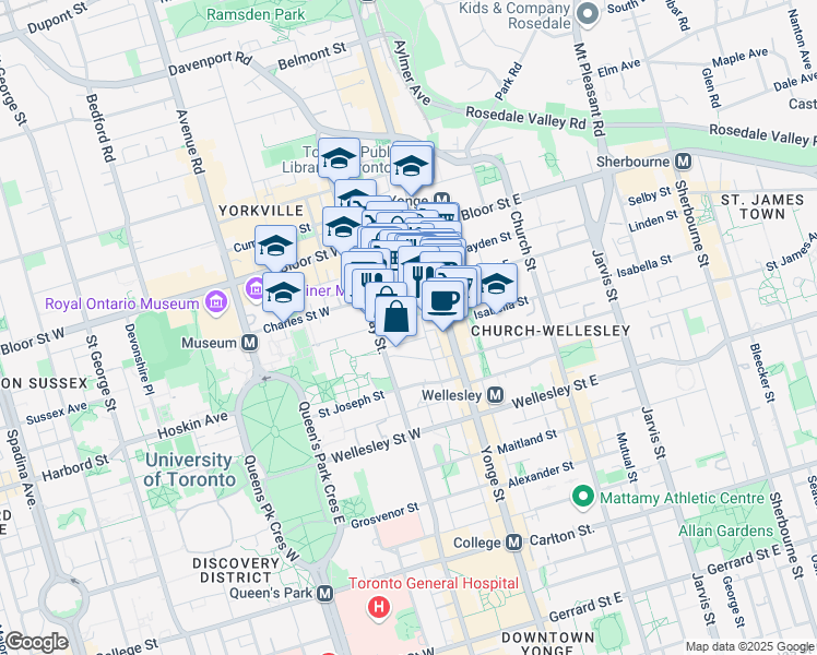 map of restaurants, bars, coffee shops, grocery stores, and more near 1805-25 Saint Mary Street in Toronto