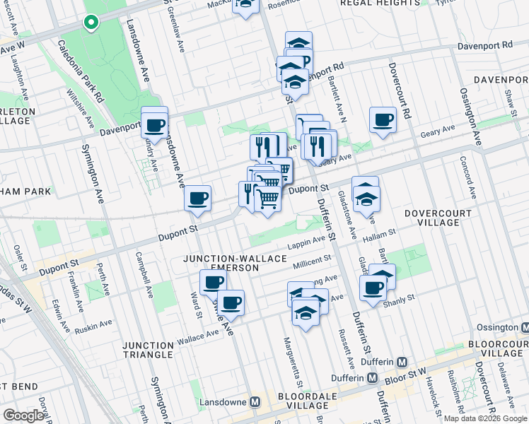 map of restaurants, bars, coffee shops, grocery stores, and more near 10 Graphophone Grove in Toronto