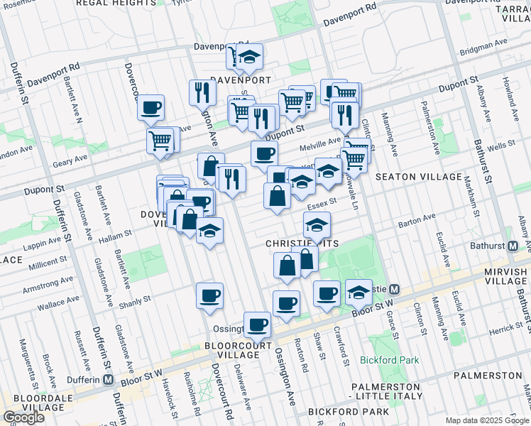 map of restaurants, bars, coffee shops, grocery stores, and more near 13 Manchester Avenue in Toronto