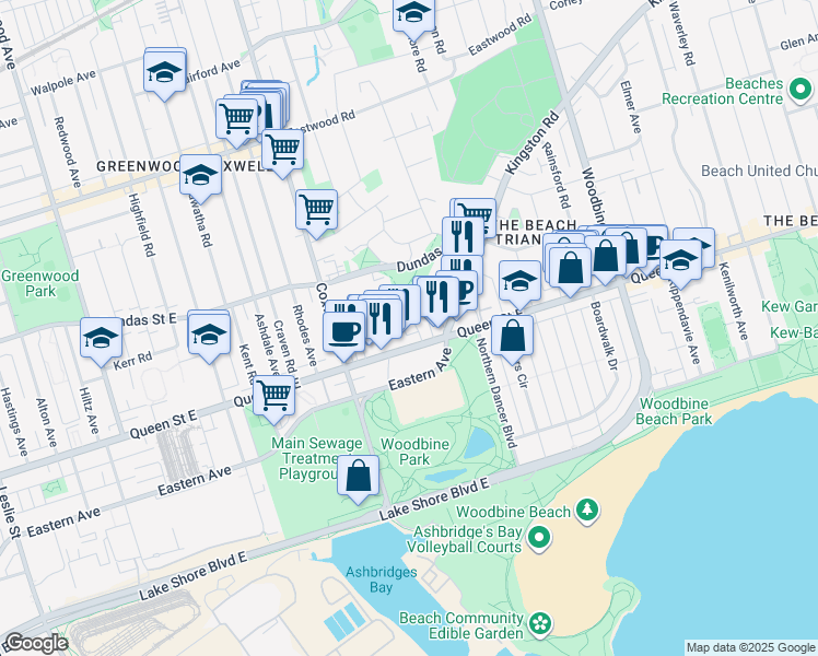 map of restaurants, bars, coffee shops, grocery stores, and more near 8 Orchard Park Boulevard in Toronto