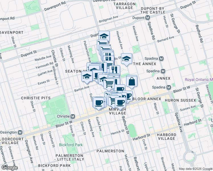 map of restaurants, bars, coffee shops, grocery stores, and more near 721 Markham Street in Toronto