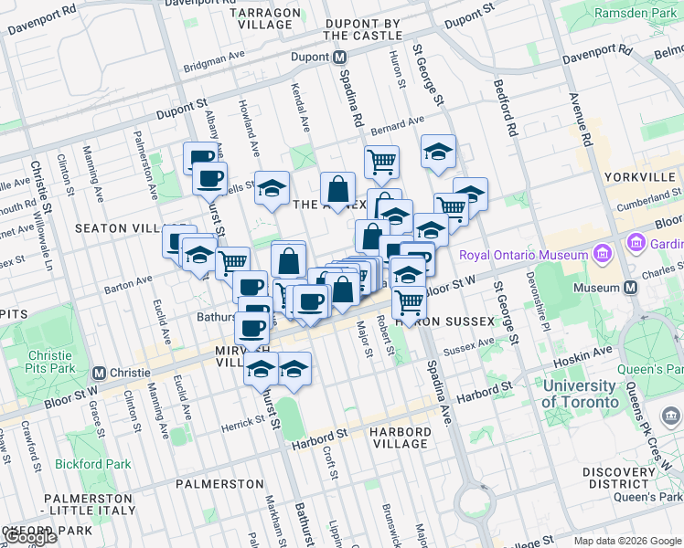 map of restaurants, bars, coffee shops, grocery stores, and more near 33 Dalton Road in Toronto