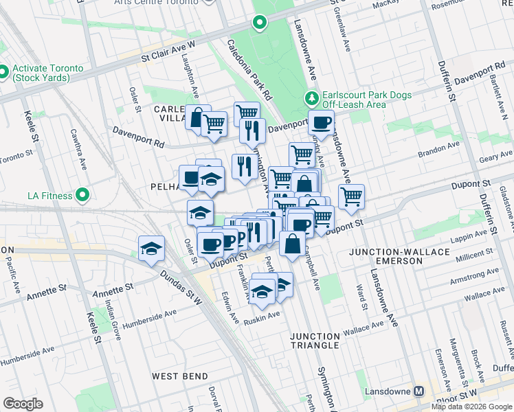 map of restaurants, bars, coffee shops, grocery stores, and more near 485 Perth Avenue in Toronto
