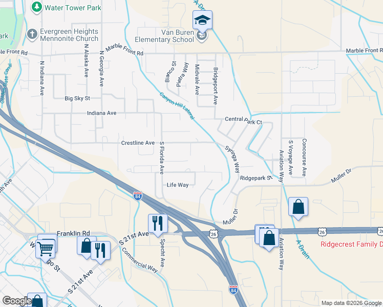 map of restaurants, bars, coffee shops, grocery stores, and more near 3006 Syringa Lane in Caldwell
