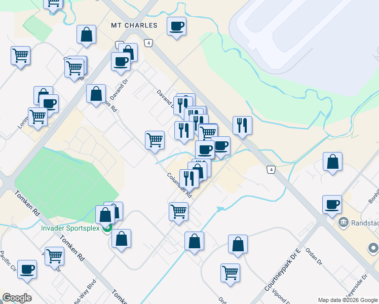map of restaurants, bars, coffee shops, grocery stores, and more near 6750 Davand Drive in Mississauga