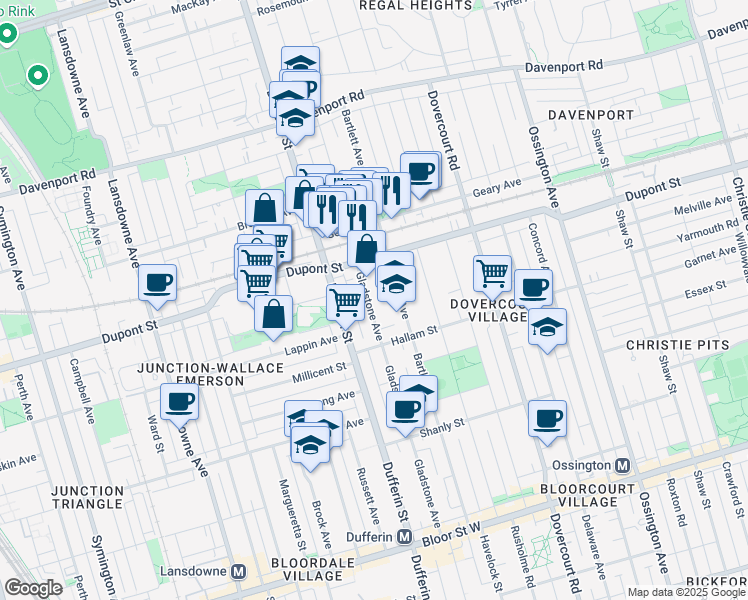 map of restaurants, bars, coffee shops, grocery stores, and more near 815 Gladstone Avenue in Toronto