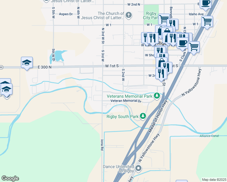 map of restaurants, bars, coffee shops, grocery stores, and more near 371 Summers Street in Rigby