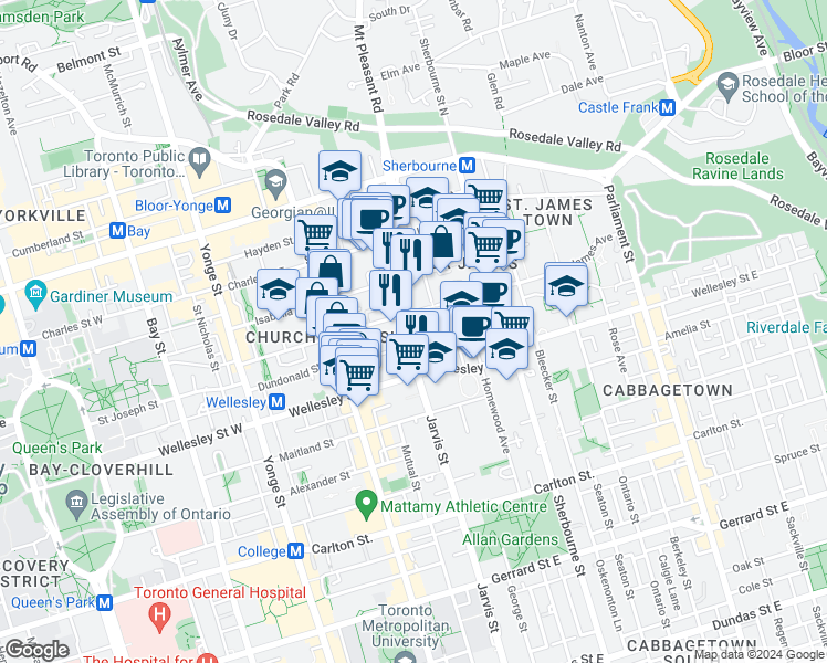 map of restaurants, bars, coffee shops, grocery stores, and more near 514 Jarvis Street in Toronto