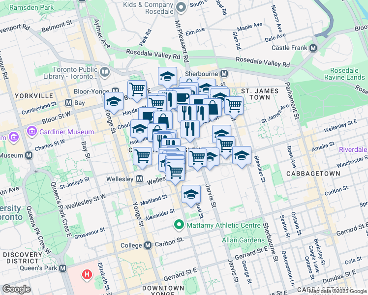 map of restaurants, bars, coffee shops, grocery stores, and more near 105 Isabella Street in Toronto