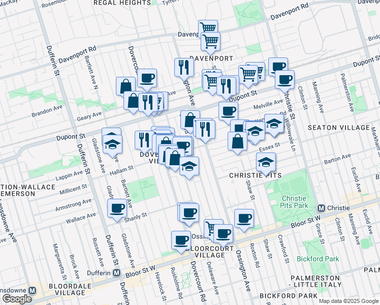 map of restaurants, bars, coffee shops, grocery stores, and more near in Toronto