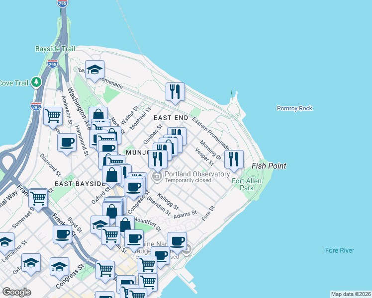 map of restaurants, bars, coffee shops, grocery stores, and more near 99 Beckett Street in Portland