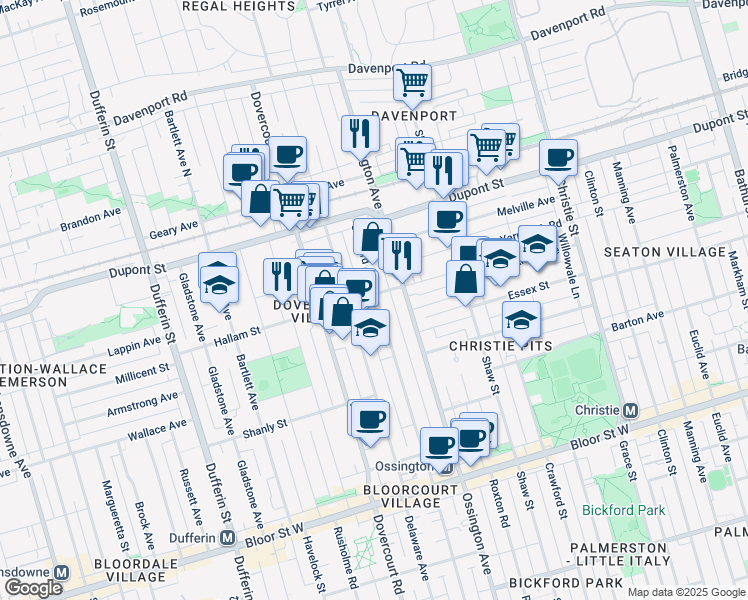 map of restaurants, bars, coffee shops, grocery stores, and more near 77 Hallam Street in Toronto