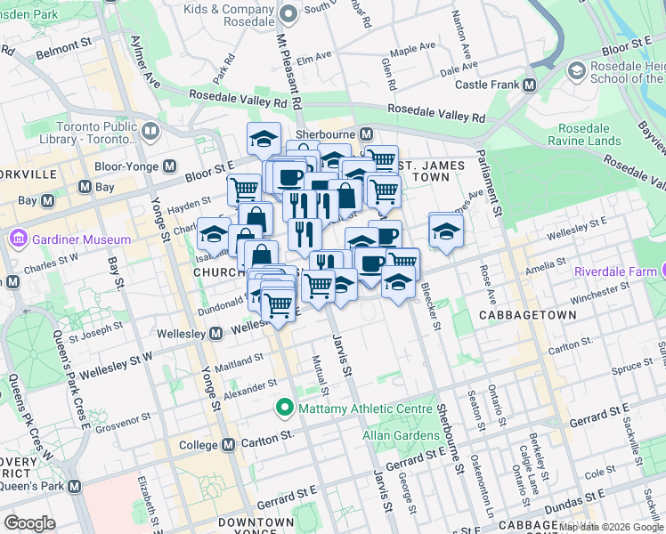 map of restaurants, bars, coffee shops, grocery stores, and more near 539 Jarvis Street in Toronto