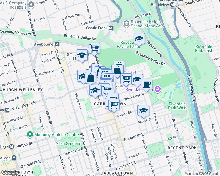 map of restaurants, bars, coffee shops, grocery stores, and more near 12 Amelia Street in Toronto