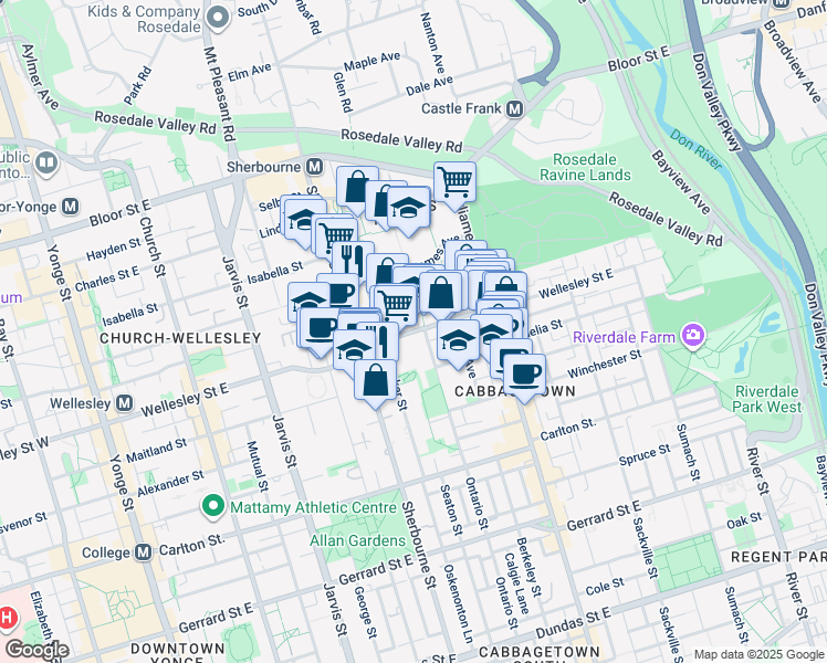 map of restaurants, bars, coffee shops, grocery stores, and more near 225 Wellesley Street East in Toronto